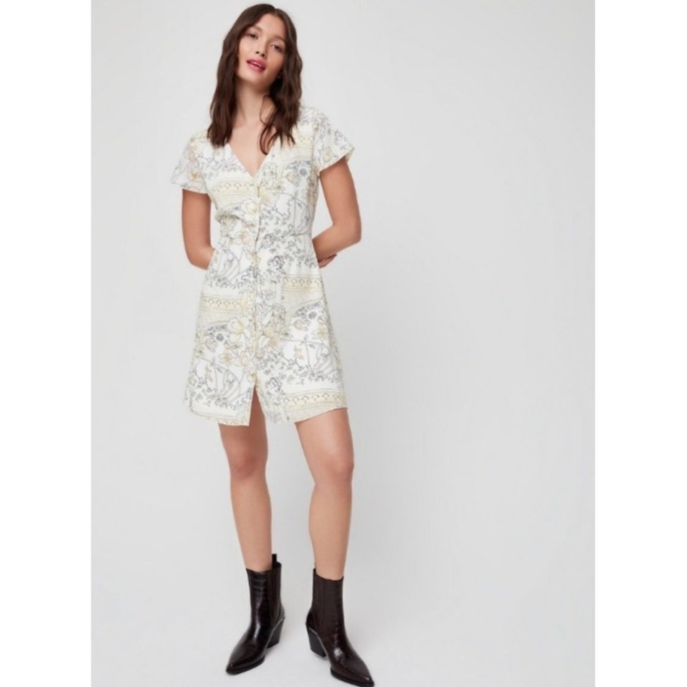 Aritzia Wilfred Nazaire Dress Button Front Mini Floral Toile Cream Yellow 2
